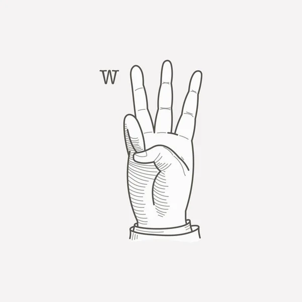 耳の聞こえない手のジェスチャーアルファベットでW文字のロゴ 手描きの彫刻スタイルベクトルアメリカ手話イラスト — ストックベクタ