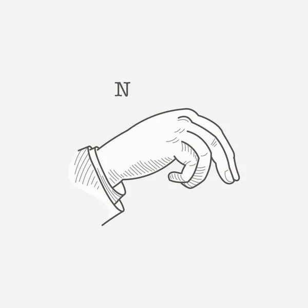 聴覚障害者の手のジェスチャーアルファベットでN文字のロゴ 手描きの彫刻スタイルベクトルアメリカ手話イラスト — ストックベクタ