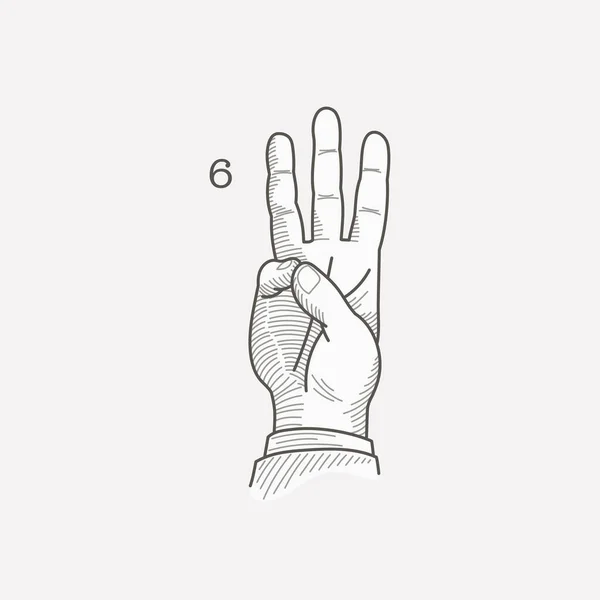 Логотип Номер Шесть Алфавите Жестов Глухонемых Рук Ручная Гравировка Вектор — стоковый вектор