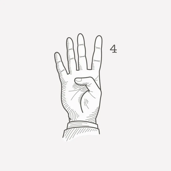 Логотип Номер Четыре Алфавите Жестов Глухонемых Рук Ручная Гравировка Вектор — стоковый вектор