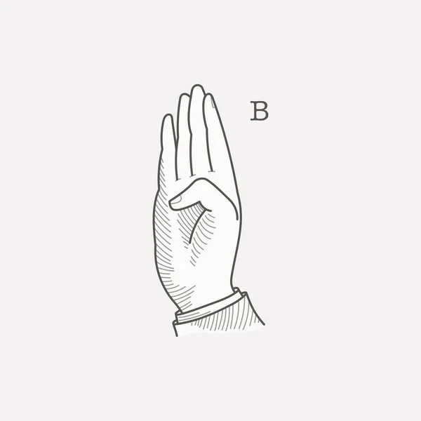 B文字のロゴは 耳の聞こえない手のジェスチャーアルファベットです 手描きの彫刻スタイルベクトルアメリカ手話イラスト ロイヤリティフリーストックベクター