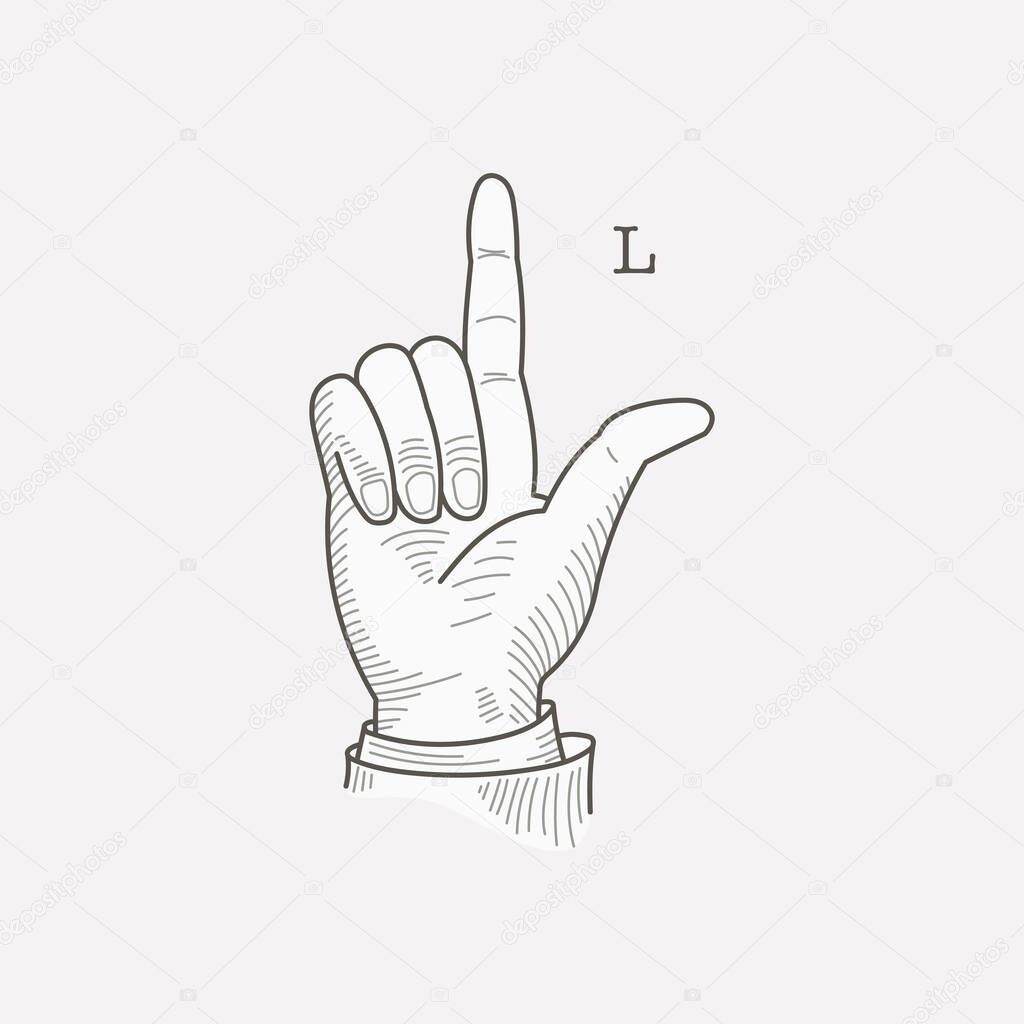 L letter logo in a deaf-mute hand gesture alphabet. Hand-drawn engraving style vector American sign language illustration.
