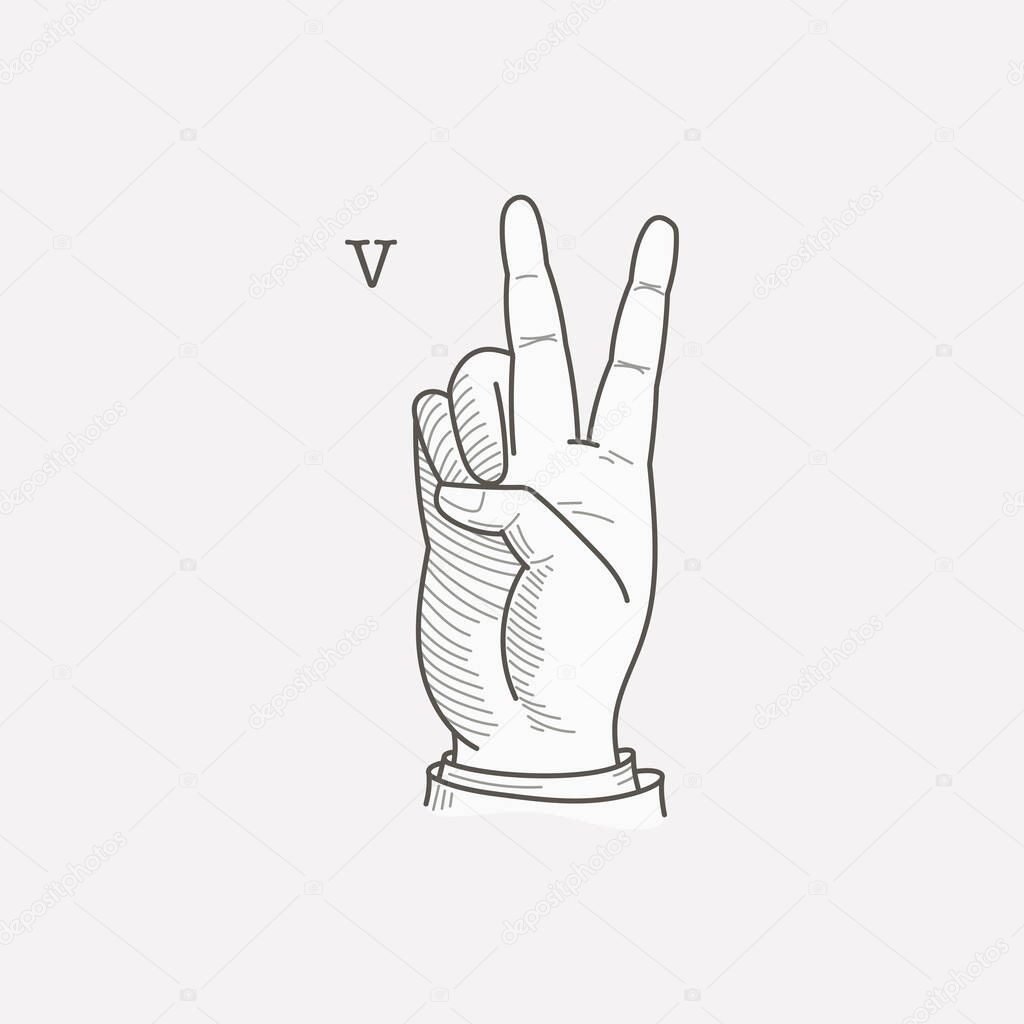 V letter logo in a deaf-mute hand gesture alphabet. Hand-drawn engraving style vector American sign language illustration.