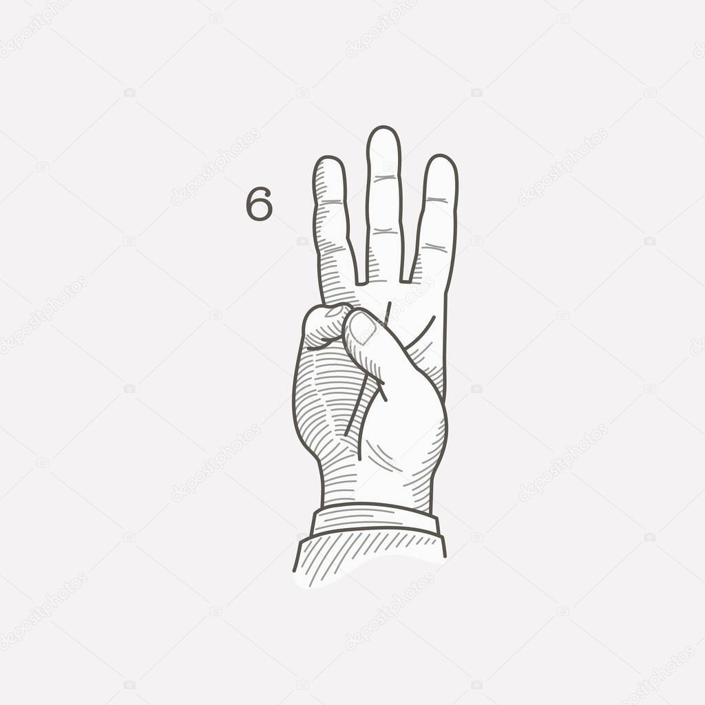 Number six logo in a deaf-mute hand gesture alphabet. Hand-drawn engraving style vector American sign language illustration.