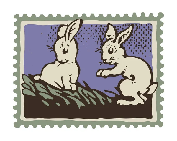 동양인들은 토끼를 우표를 엽서로 보냅니다 빈티지 스타일에 그을린 질감을 것이다 — 스톡 벡터