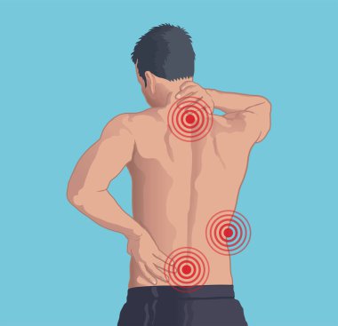 Shirtless man with back and neck pain vector illustration.