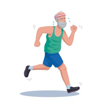 Old senior man grandfather jogging and running cartoon vector illustration.