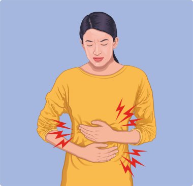 Young woman with stomach ache and abdominal pain vector illustration.