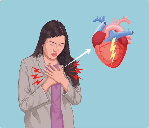 Young Woman Holding Chest Pain Heart Human Organ Vector Illustration —  Vetores de Stock