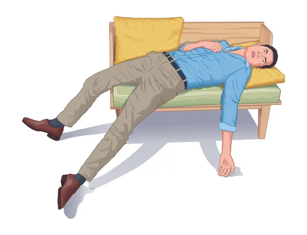 Young Man Fainting Sofa Couch Workplace Realistic Vector Illustration — Stock Vector