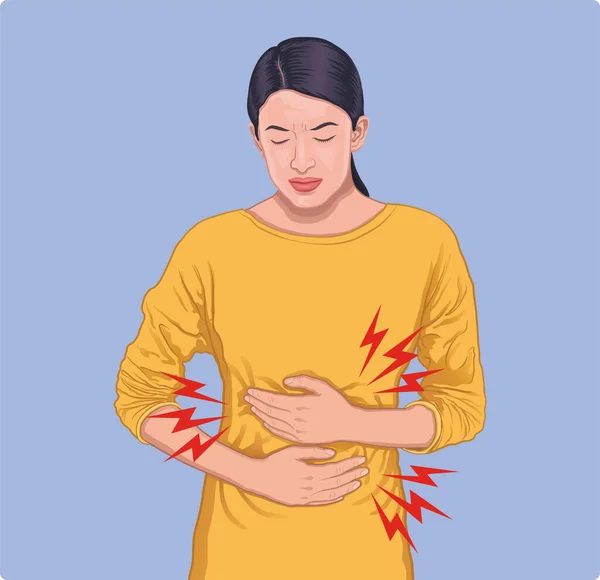 Young Woman Stomach Ache Abdominal Pain Vector Illustration —  Vetores de Stock