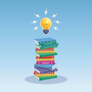 Fikir ve eğitim çizgi filmi vektör illüstrasyonunun ampul sembollü kitap yığını.