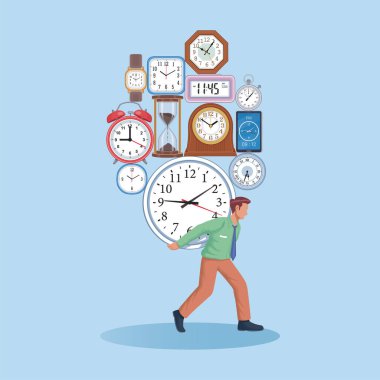 İş adamı, arka vektör illüstrasyonunda bir grup modern ve klasik saat taşıyor..