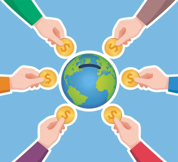 Dünya çapında bağış için para tutan eller Fonu düz vektör illüstrasyonunu yükseltiyor.