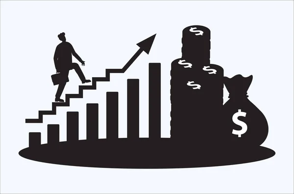 Hombre Negocios Silueta Caminar Aumento Barra Crecimiento Gráfico Diagrama Escaleras — Vector de stock