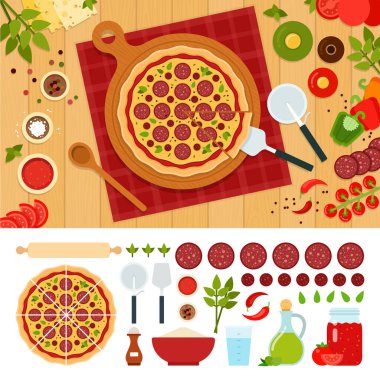 Biberli pizza, çatal bıçak takımı ve malzemelerle.