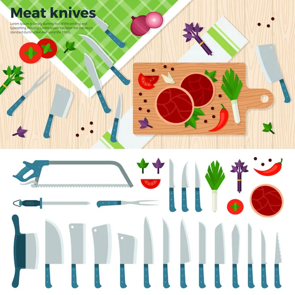 Cuchillos de cocina modernos para carne y verduras — Vector de stock