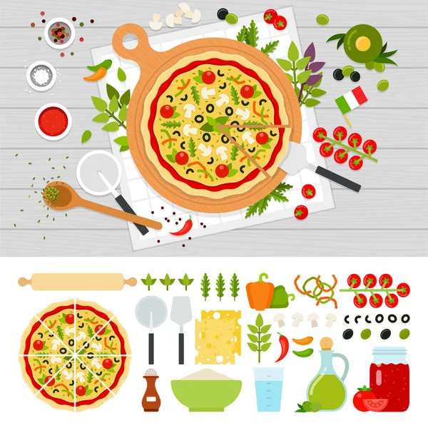 Pizza italiana con verduras en la mesa — Vector de stock