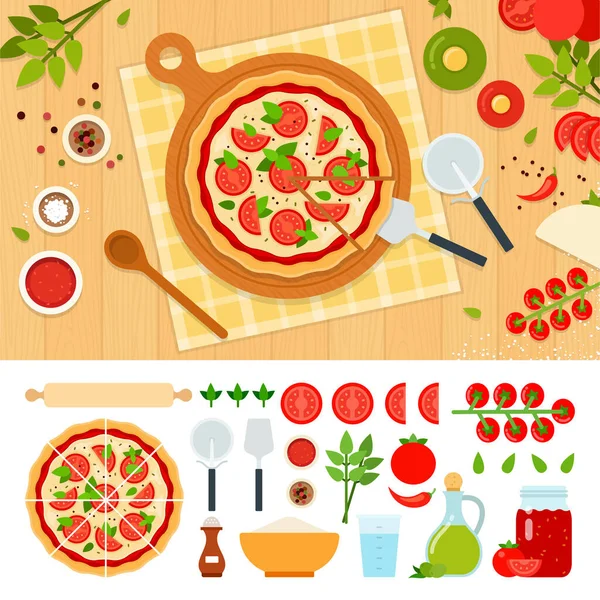 Pizza margarita ze składnikami na stole — Wektor stockowy