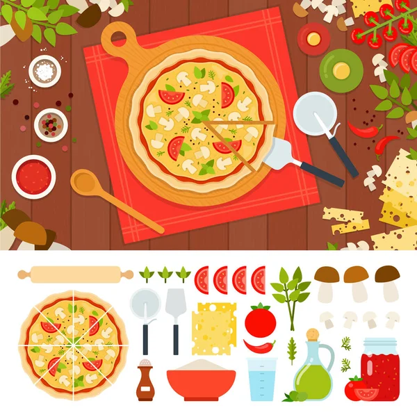 Gombás pizza sajt és paradicsom — Stock Vector