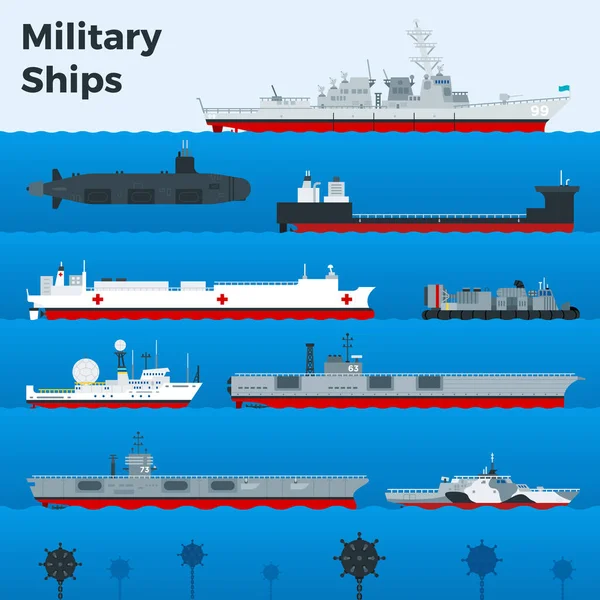 Navios de guerra militares, navios de combate naval, porta-aviões, barcos, fragatas, cruzador leve, mina subaquática, submarino no mar azul. Ilustração vetorial. Ilustração De Stock