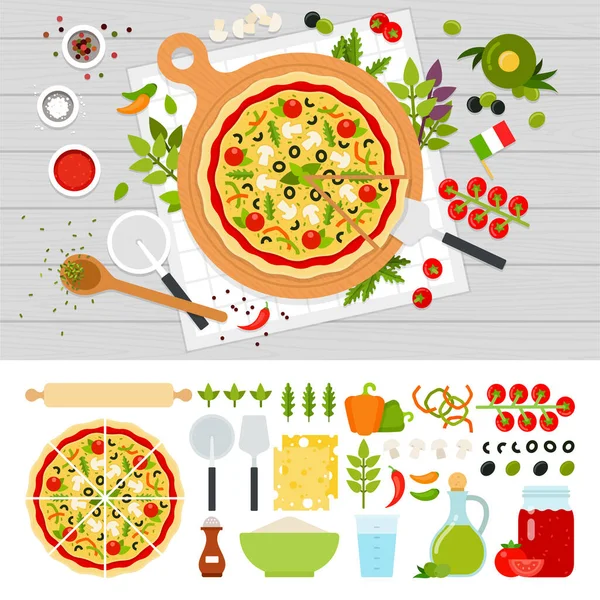 Pizza italiana com legumes na mesa Gráficos De Vetores