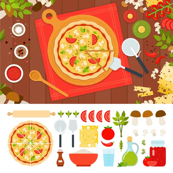 Pizza de champiñones con queso y tomates Ilustraciones De Stock Sin Royalties Gratis