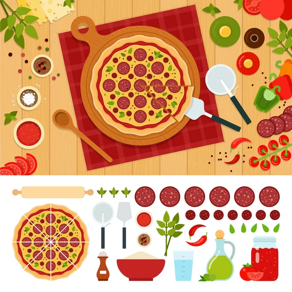 Pizza de pepperoni com talheres e ingredientes Vetor De Stock