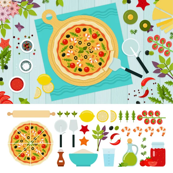 Pizza con mariscos y verduras Ilustraciones De Stock Sin Royalties Gratis