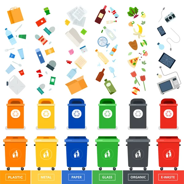 Latas de basura con basura clasificada Ilustración De Stock