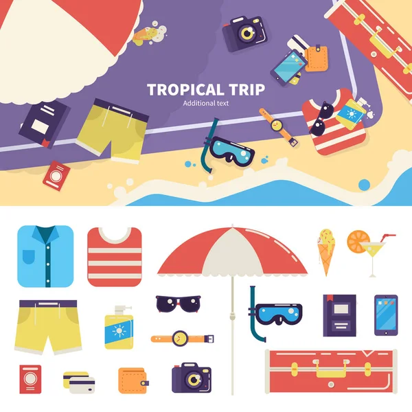 Kit para viagem tropical na areia Vetor De Stock