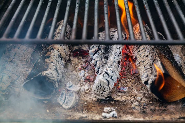 Queimar Lenha Com Chama Através Grelhas Churrasco Foto Alta Qualidade — Fotografia de Stock