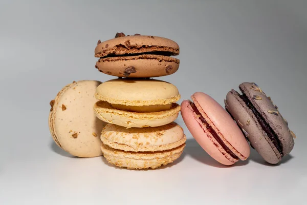 Row of delicious colorful French macaroons of different flavors, background, panoramic shot. High quality photo