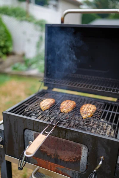 Grilled Salmon Steaks Coking Firewood Backyard High Quality Photo — Stockfoto