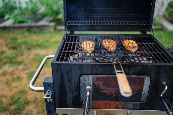 Grilled Salmon Steaks Coking Firewood Backyard High Quality Photo — Stock Photo, Image