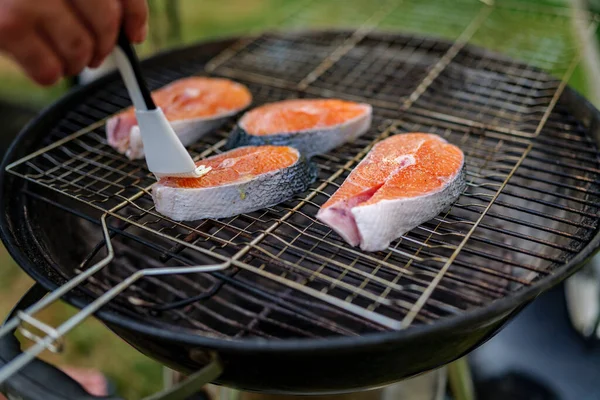 Close Oiled Fresh Salmon Steak Prepared Grilling Grains Salt Lies — Zdjęcie stockowe