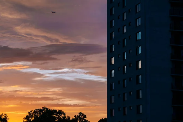 Aerial view of Prospect Avenue apartment building and beautiful sky at sunset, Hackensack New Jersey. High-quality photo