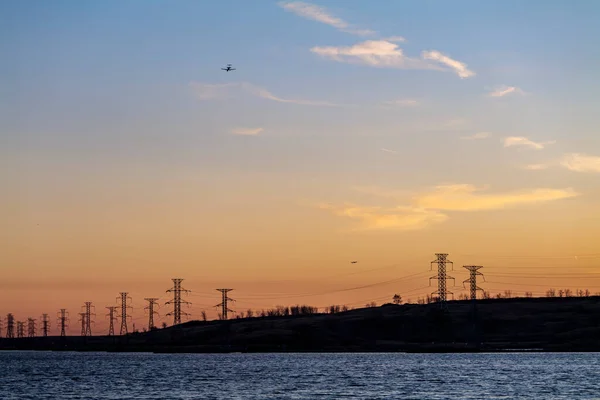 High Voltage Electricity Tower Sky Sunset Landscape Industrial Background Water — стоковое фото