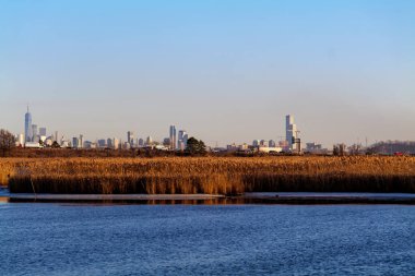 View of the New York City from Richard W. DeKorte Park. Sunny day with blue sky. Pond view. High-quality photo
