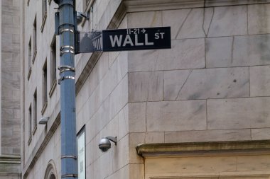 New York City, Wall Street Road Sign, Stock market building behind. High quality photo
