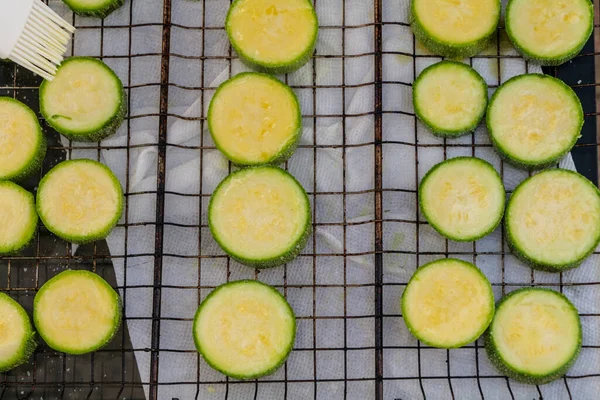 Hand Prepares Raw Sliced Vegetables Zucchini Squash Eggplant Roasting Grill — Stok fotoğraf