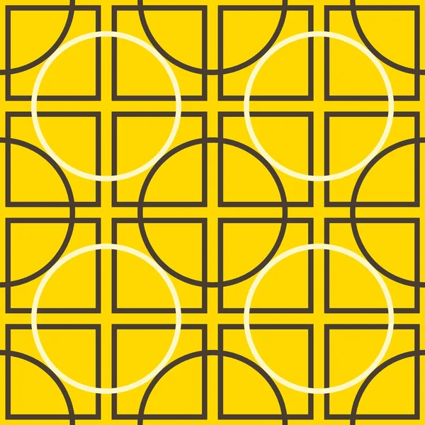 Nahtloses geometrisches Muster von Kreisen und Quadraten auf gelbem Hintergrund — Stockvektor
