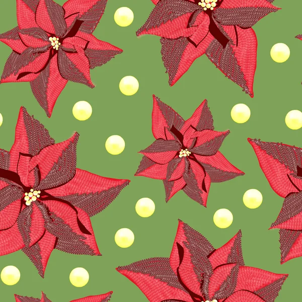 Seamless Pattern Christmas Flower Poinsettia Red Green Background Effect Embroidery — Stock Photo, Image