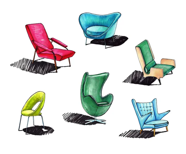 Illustration designer chairs modernism multicolored pink green blue graphics marker on a white background