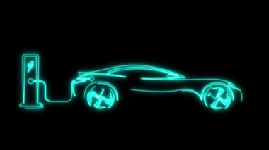 Elektrikli şarj aletine bağlı elektrikli arabanın animasyonu. Geleceğin arabası, modern tasarımcı ve neon ışığı. Elektrikli şarj istasyonunda araba şarj bataryası. Gelecek konsepti, teknoloji, pil gücü