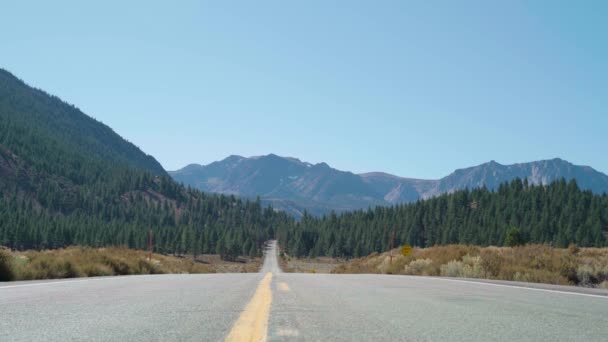 Bajo ángulo estático disparo carretera perspectiva horizonte montañas en California — Vídeos de Stock