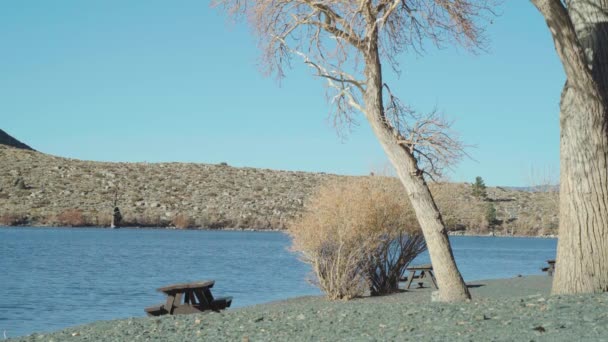 Picknick bord vid stranden vid fångsjö Kalifornien i höst medium shot — Stockvideo