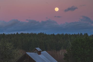 İlçe sahnesinde yükselen sarı aylı dramatik akşam gökyüzü 