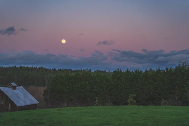 İlçe sahnesinde yükselen sarı aylı dramatik akşam gökyüzü 