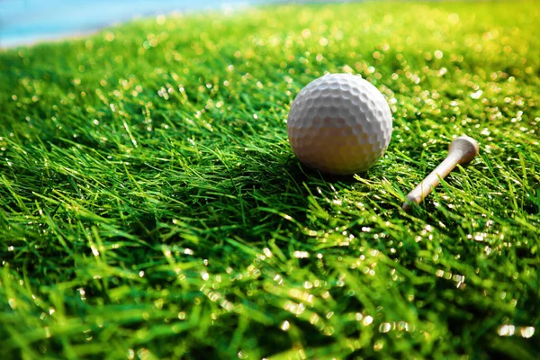 Golf Ball Close Green Grass Blurred Beautiful Landscape Golf Background — Photo